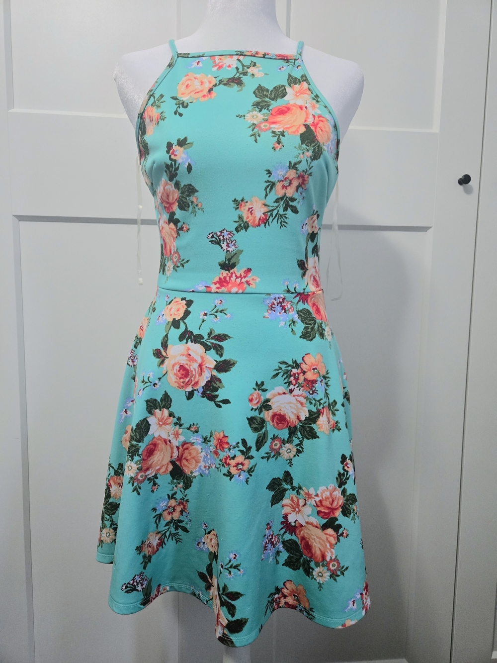 No Boundaries Turquoise Floral Halter Mini Dress